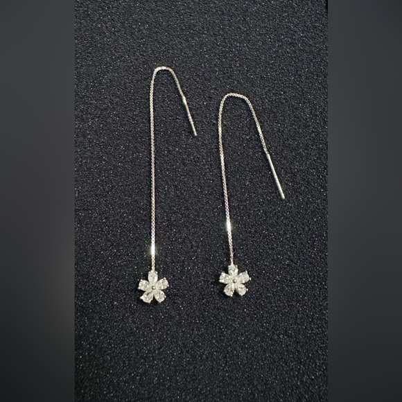 925 Silver Glamorous CZ Flower Drop Thread Earrings - Picture 10 of 15